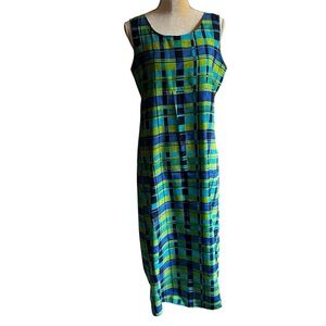 Kathie Lee Collection Blue and Green Plaid Midi Dress